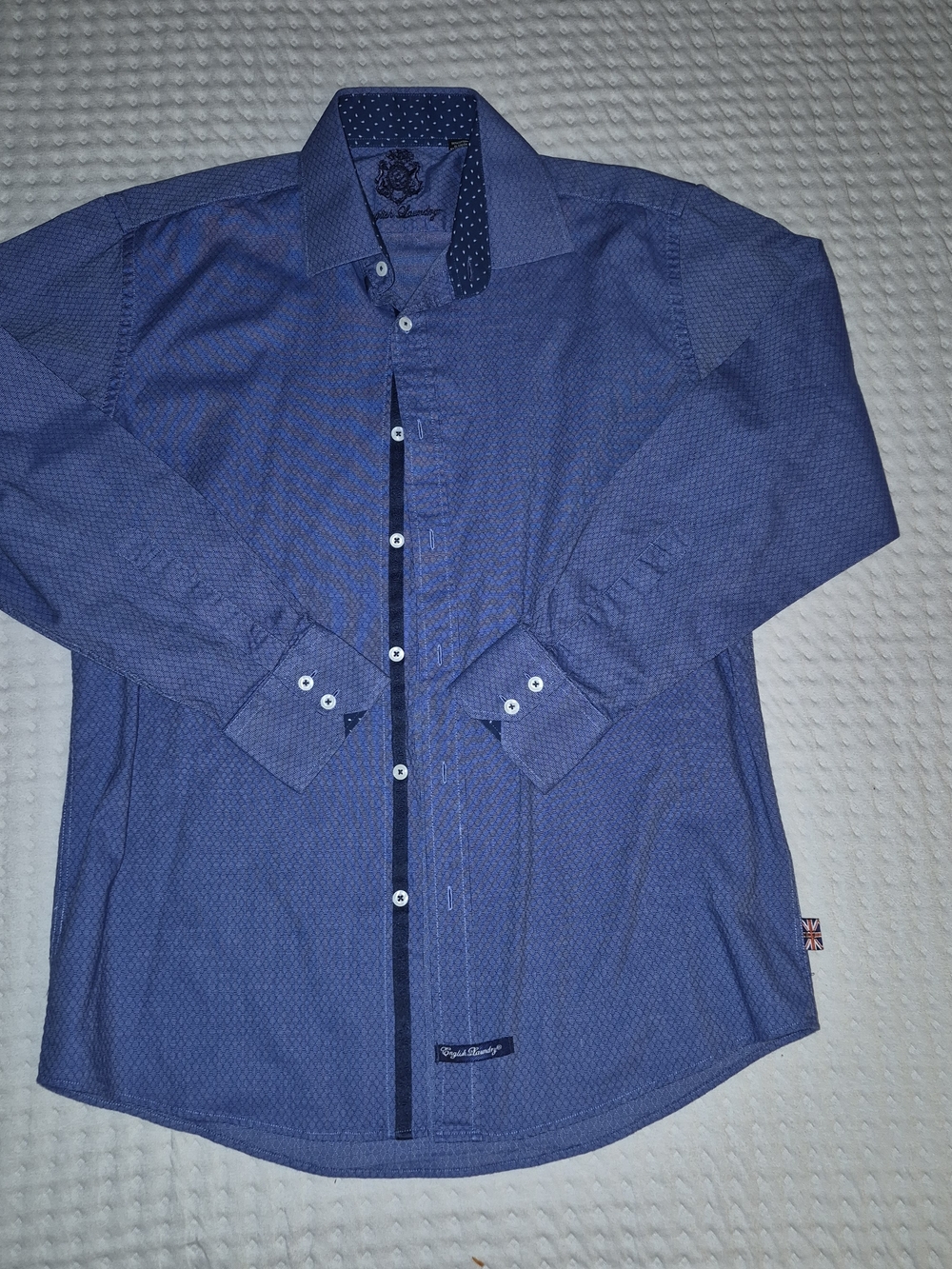 English Laundry Blue Script Embroidered Knit